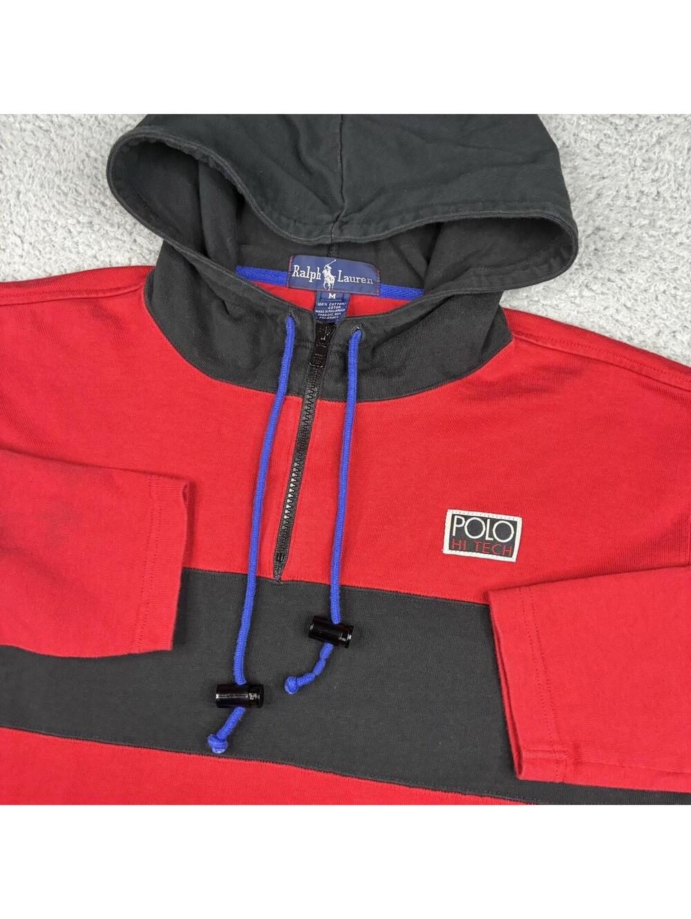 Vintage Polo Ralph Lauren Hi Tech Hoodie Mens M Red Black 1/4 Zip Colorblock